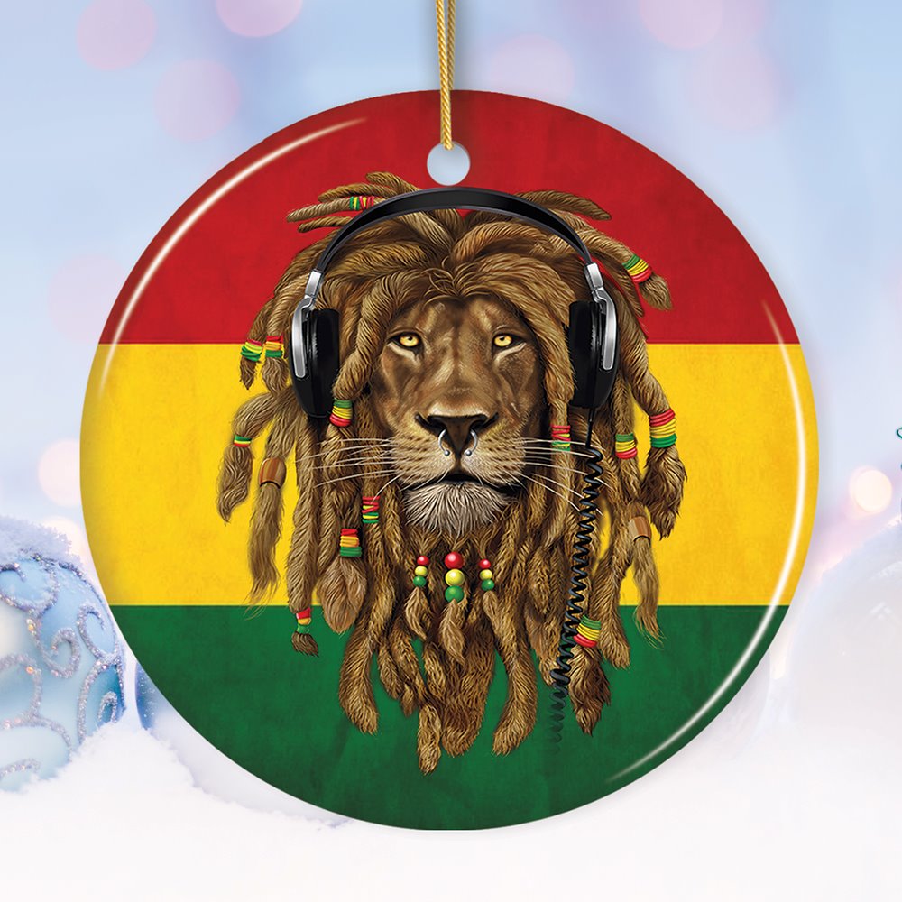 Reggae Lion Ornament, Jamaican Christmas Decoration, Reggae Music Flag Ceramic Ornament OrnamentallyYou Circle 