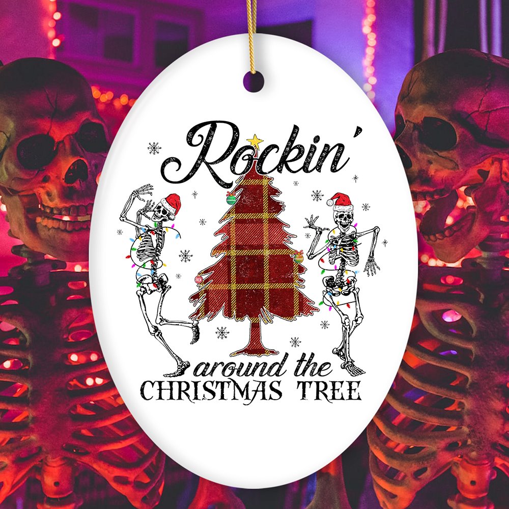 Rockin Around the Christmas Tree Dancing Skeleton Ornament Ceramic Ornament OrnamentallyYou Oval 
