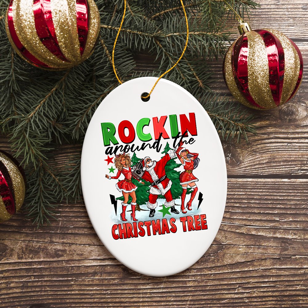 Rockstar Dancing Santa and the Ladies Cool and Funny Ornament, Rockin Around the Christmas Tree Ceramic Ornament OrnamentallyYou 