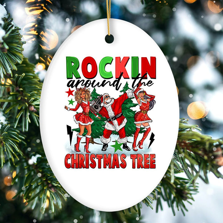 Rockstar Dancing Santa and the Ladies Cool and Funny Ornament, Rockin Around the Christmas Tree Ceramic Ornament OrnamentallyYou Oval 