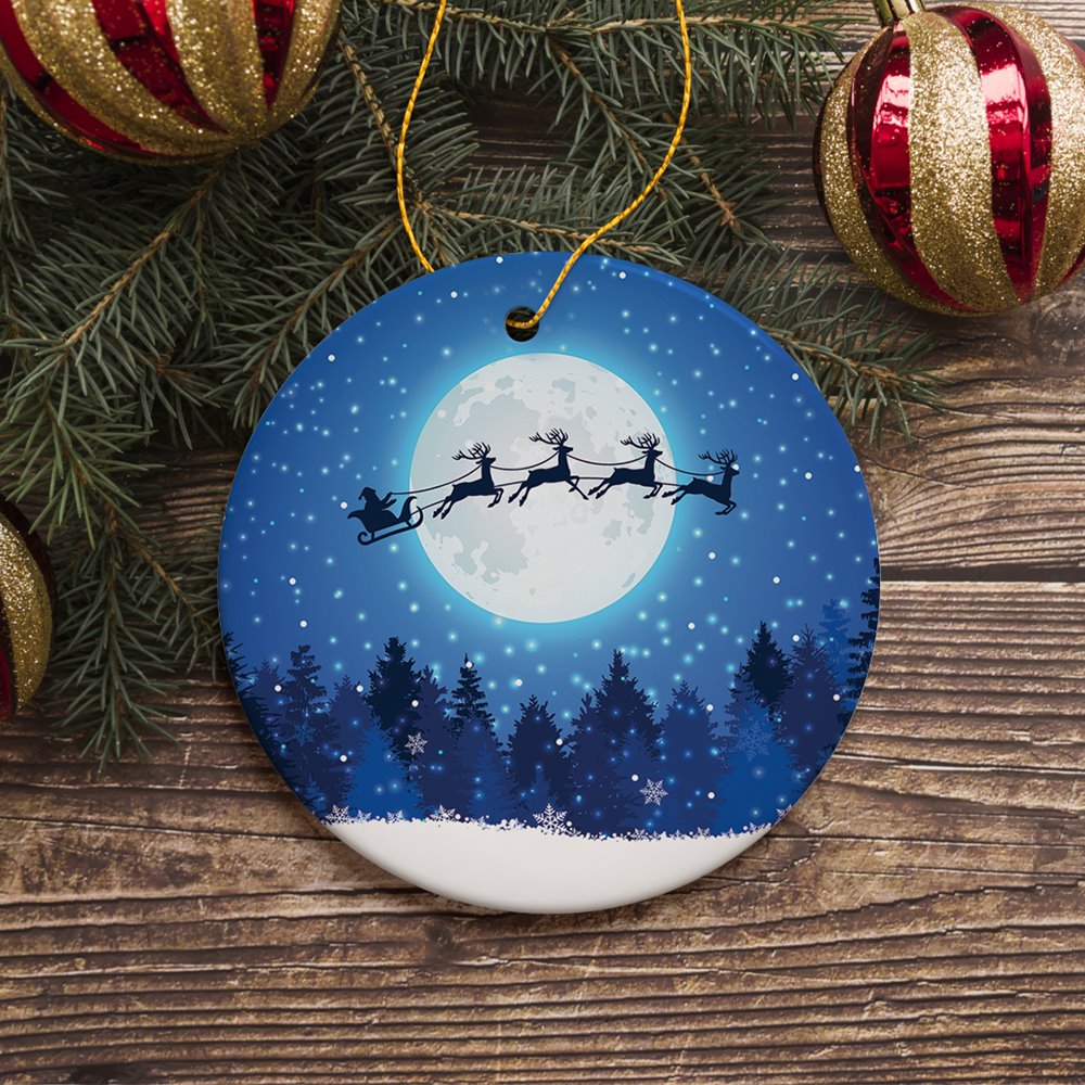 Santa Claus and Reindeer Silhouette over Full Moon Ornament, Nighttime Forest Snow Scene Ceramic Ornament OrnamentallyYou 