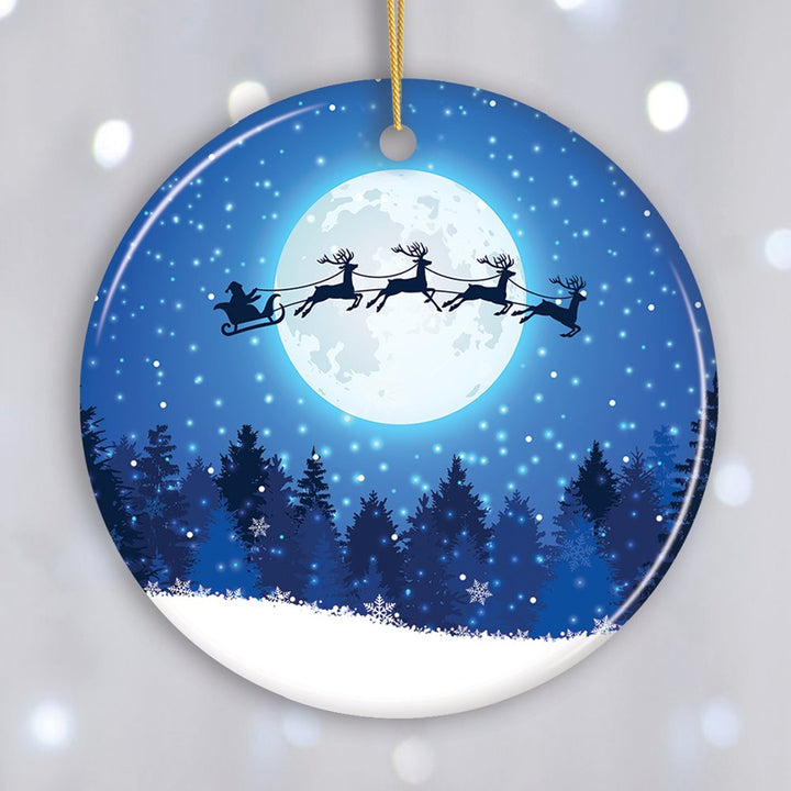 Santa Claus and Reindeer Silhouette over Full Moon Ornament, Nighttime Forest Snow Scene Ceramic Ornament OrnamentallyYou Circle 