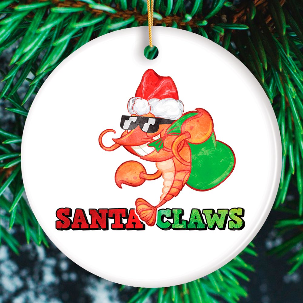 Santa Claws Funny Shrimp Christmas Ornament, Ocean Beach Theme Holiday Decor Ceramic Ornament OrnamentallyYou Circle 