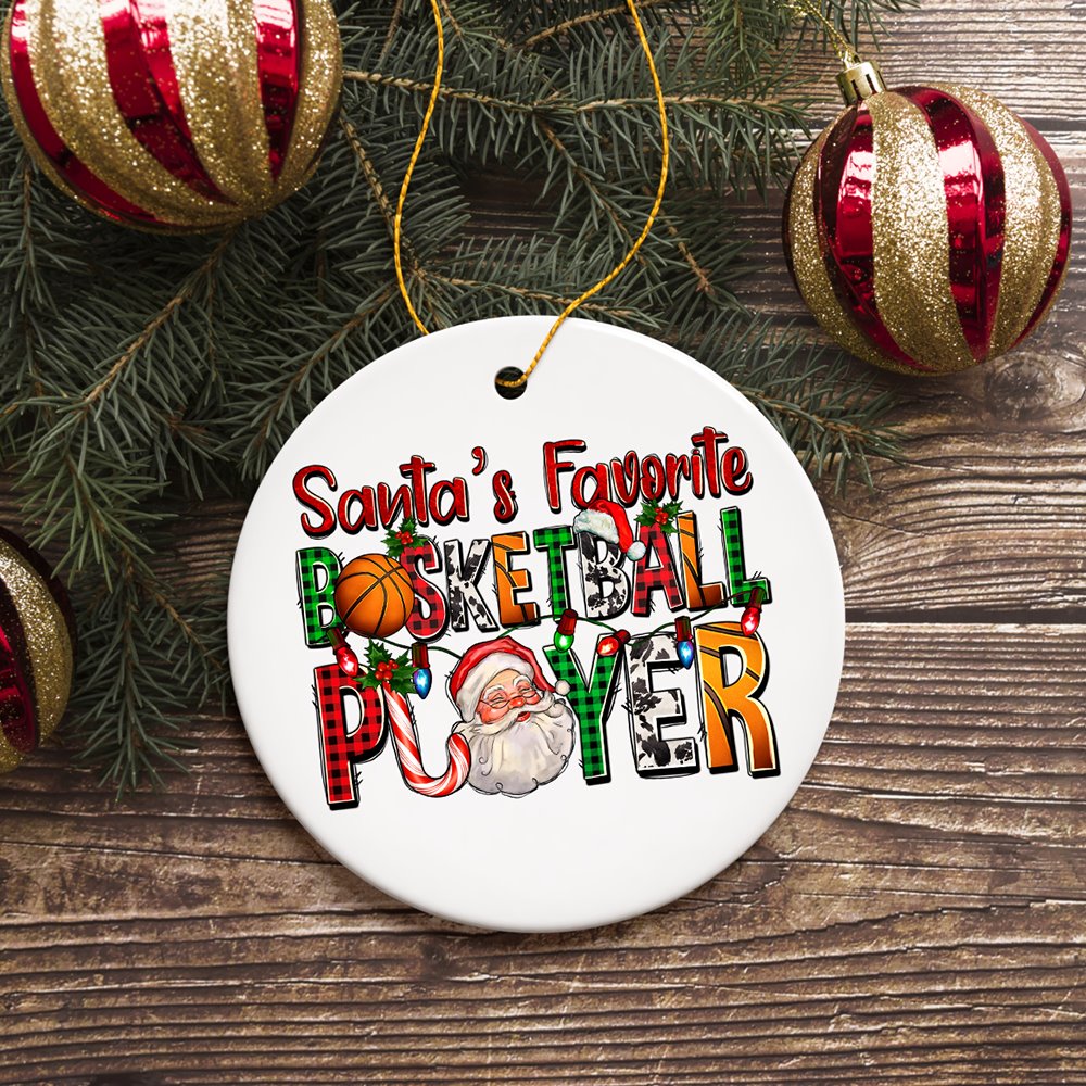 Santa’s Favorite Basketball Player Plaid Christmas Ornament, Athelete Gift Ceramic Ornament OrnamentallyYou 