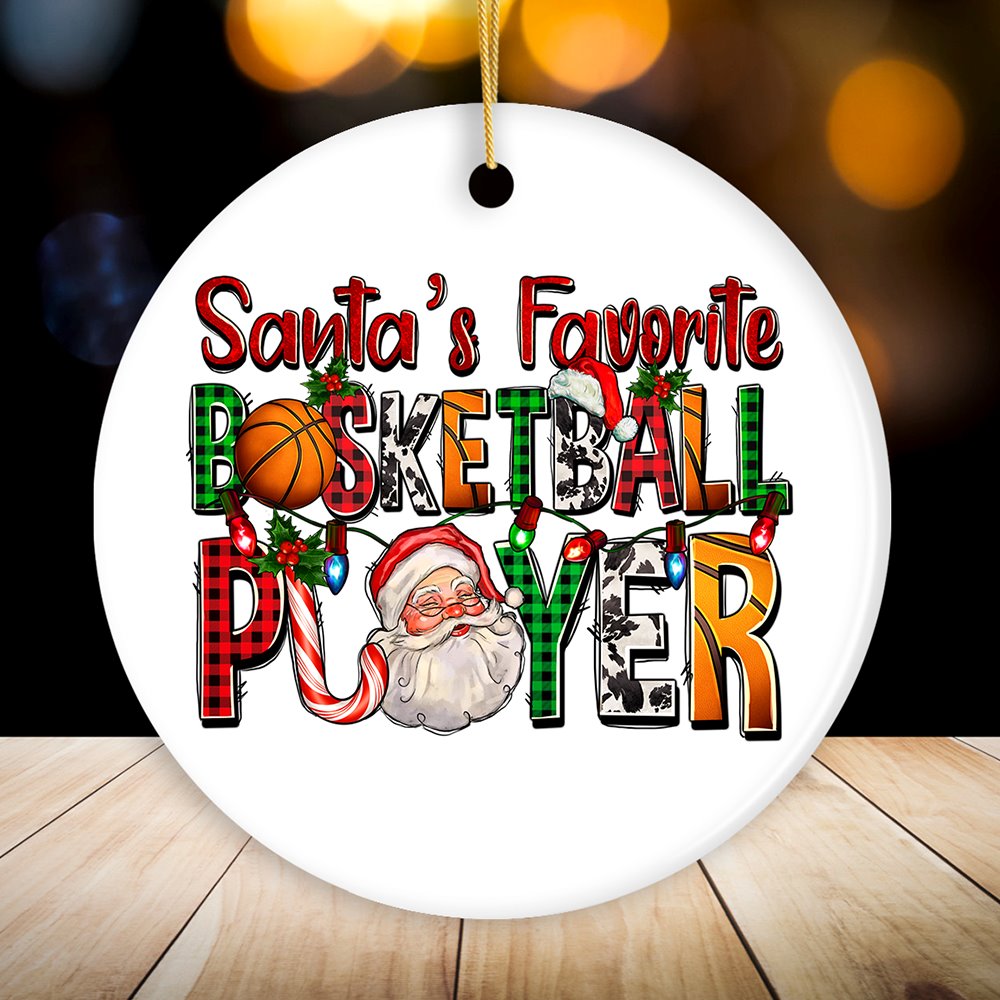 Santa’s Favorite Basketball Player Plaid Christmas Ornament, Athelete Gift Ceramic Ornament OrnamentallyYou Circle 