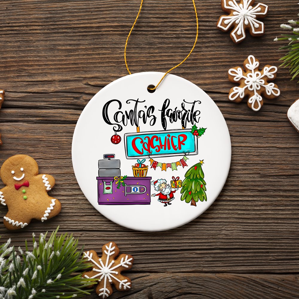 Santa’s Favorite Cashier Christmas Ornament, Appreciation Gift for Clerk Ceramic Ornament OrnamentallyYou 