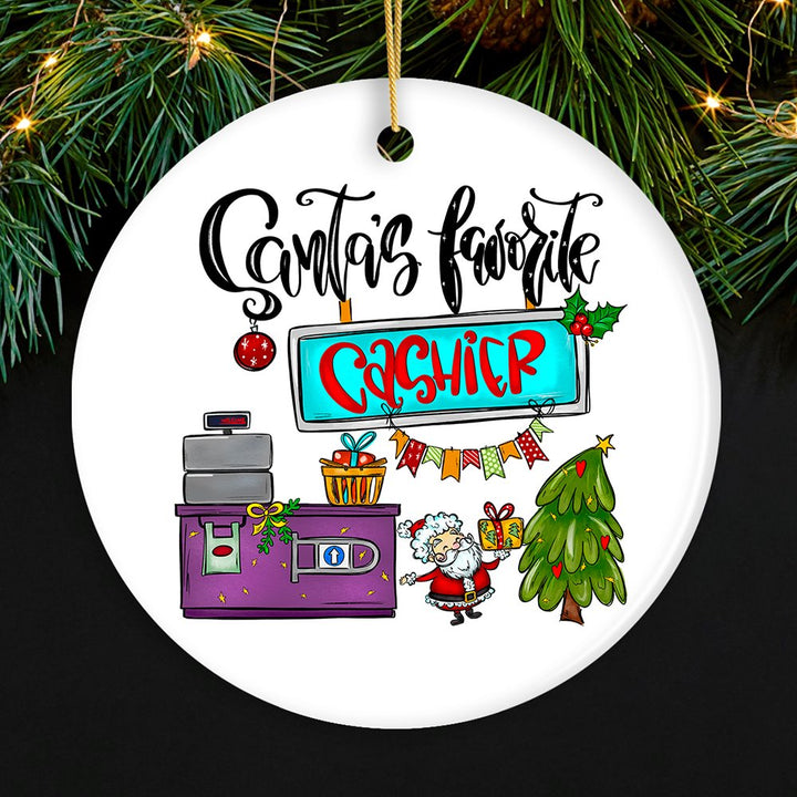 Santa’s Favorite Cashier Christmas Ornament, Appreciation Gift for Clerk Ceramic Ornament OrnamentallyYou Circle 
