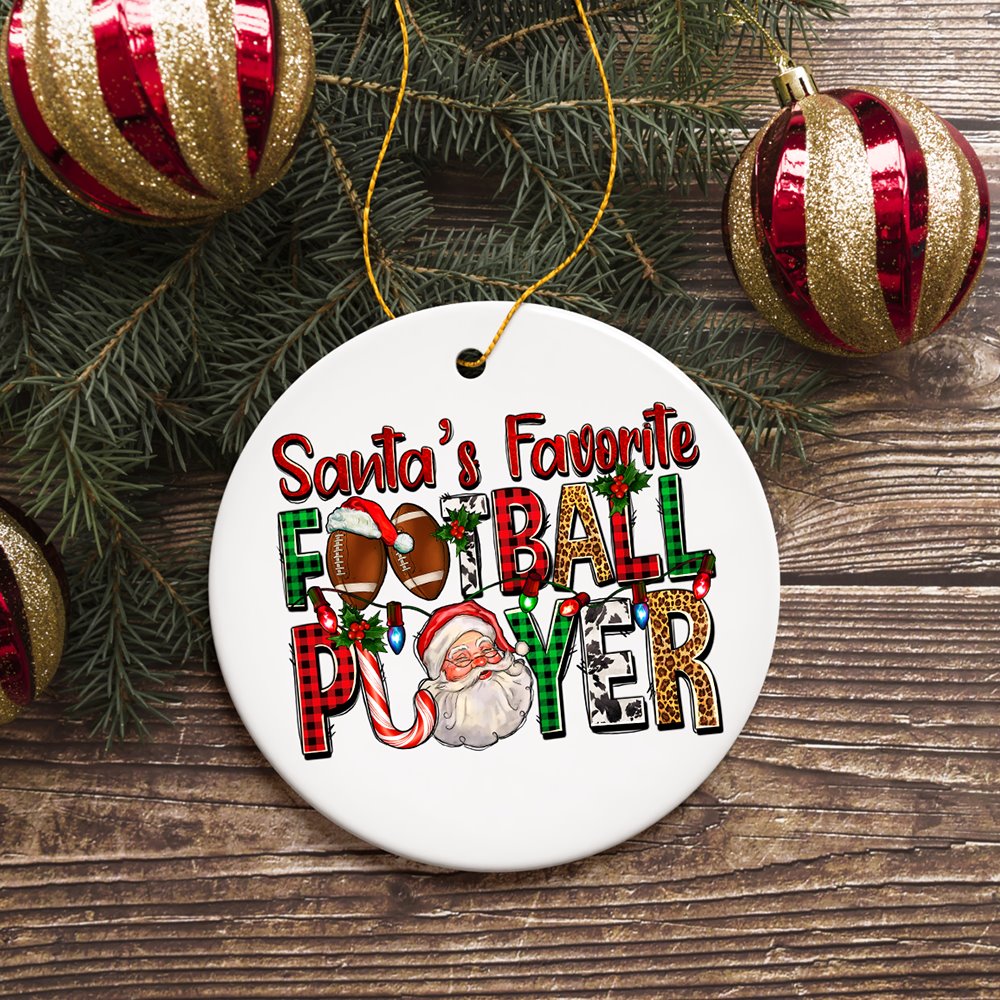 Santa’s Favorite Football Player Festive Plaid Christmas Ornament Ceramic Ornament OrnamentallyYou 