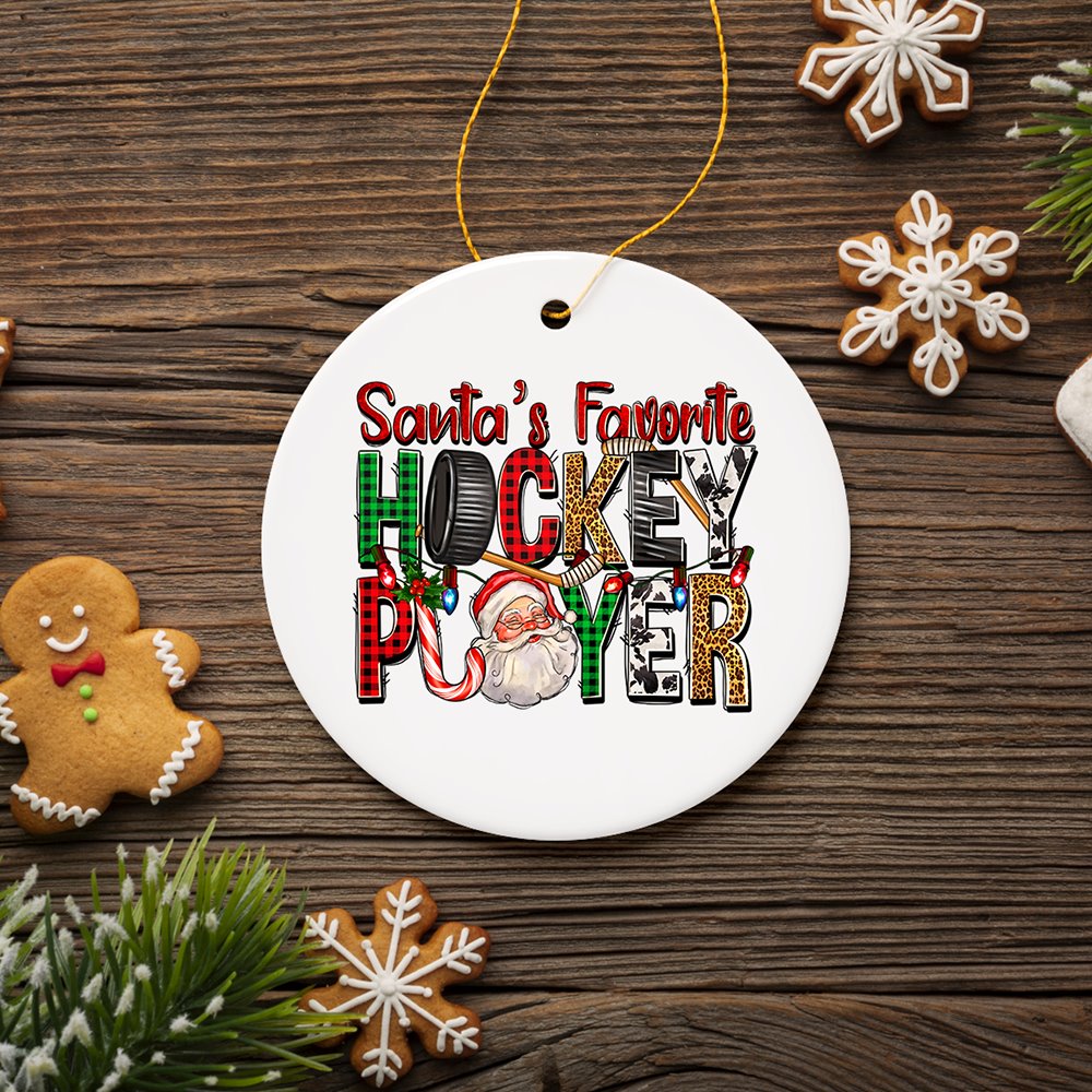 Santa’s Favorite Hockey Player Christmas Plaid Ornament Ceramic Ornament OrnamentallyYou 