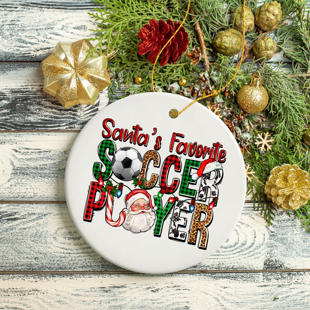 Santa’s Favorite Soccer Player Christmas Plaid Ornament, Coach Football Gift Ceramic Ornament OrnamentallyYou 