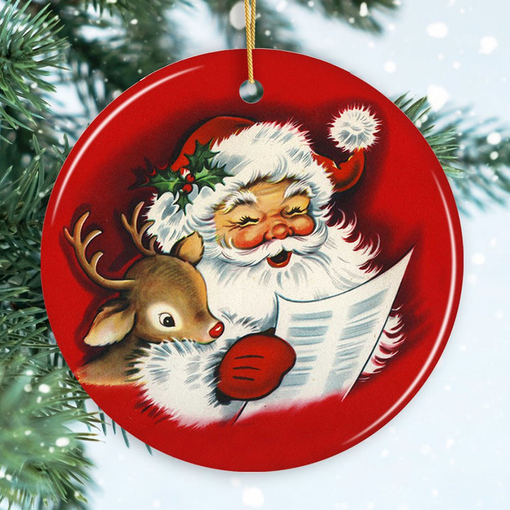 Santa and Baby Reindeer Singing a Christmas Carol Ornament Ceramic Ornament OrnamentallyYou Circle 