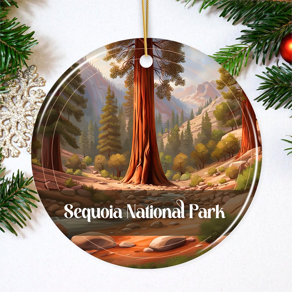 Sequoia National Park Retro Ornament, California Tourist Attraction Souvenir and Gift Ceramic Ornament OrnamentallyYou Circle 