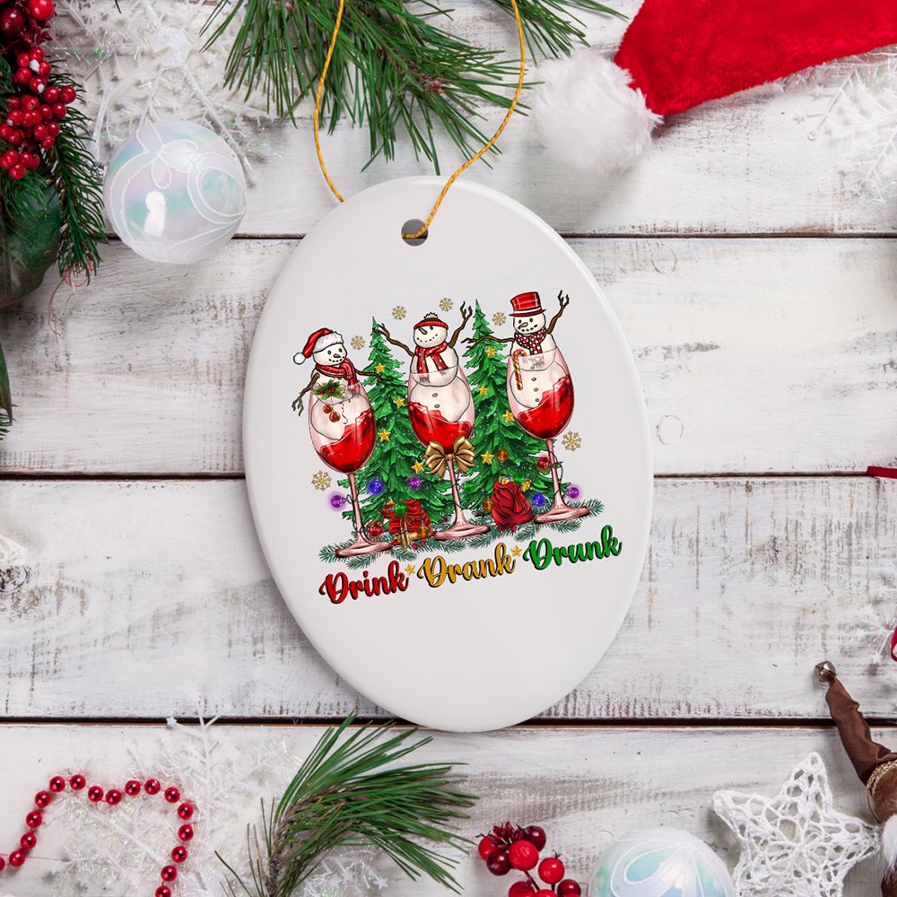 Snowmen and Wine Drink Drank Drunk Christmas Ornament, Funny Alcohol Humor with Crimson Velvet Ceramic Ornament OrnamentallyYou 