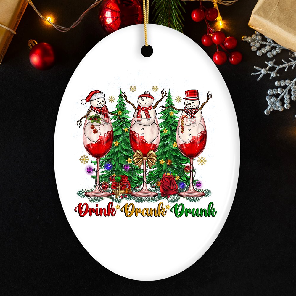 Snowmen and Wine Drink Drank Drunk Christmas Ornament, Funny Alcohol Humor with Crimson Velvet Ceramic Ornament OrnamentallyYou Oval 