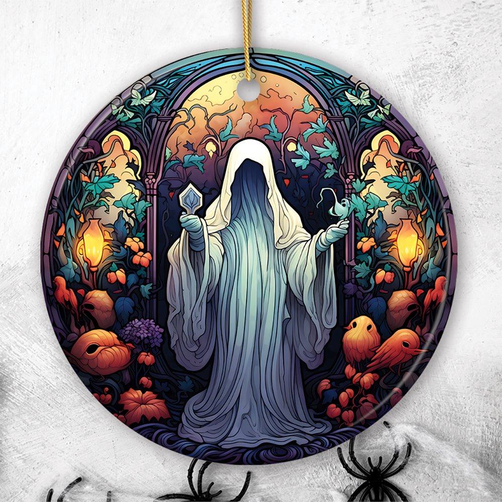 Spectral Shivers Hauntingly Scary Ghost Stained Glass Style Ceramic Ornament, Halloween Themed Christmas Gift Ceramic Ornament OrnamentallyYou Circle 