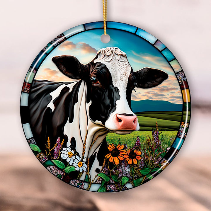 Stained Glass Bucolic Farm Cow Scene in the Pasture Ornament Ceramic Ornament OrnamentallyYou Circle 