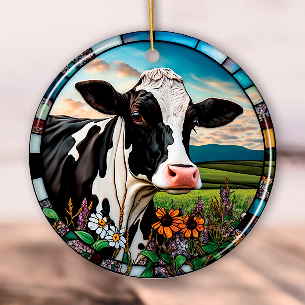 Stained Glass Bucolic Farm Cow Scene in the Pasture Ornament Ceramic Ornament OrnamentallyYou Circle 