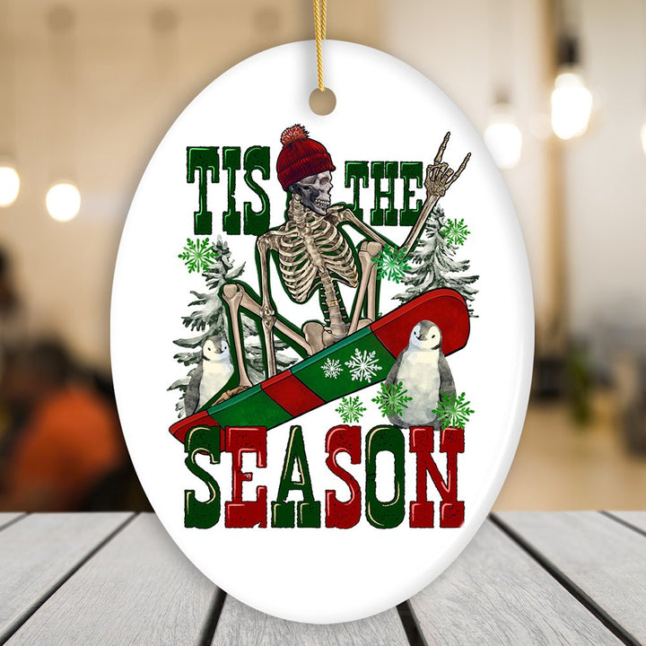 Tis the Season Snowboarding Theme Christmas Ornament, Winter Athlete Funny Skeleton Ceramic Ornament OrnamentallyYou Oval 