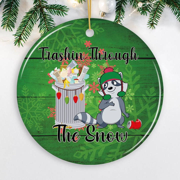 Trashin Through the Snow Raccoon Christmas Ornament Ceramic Ornament OrnamentallyYou Circle 