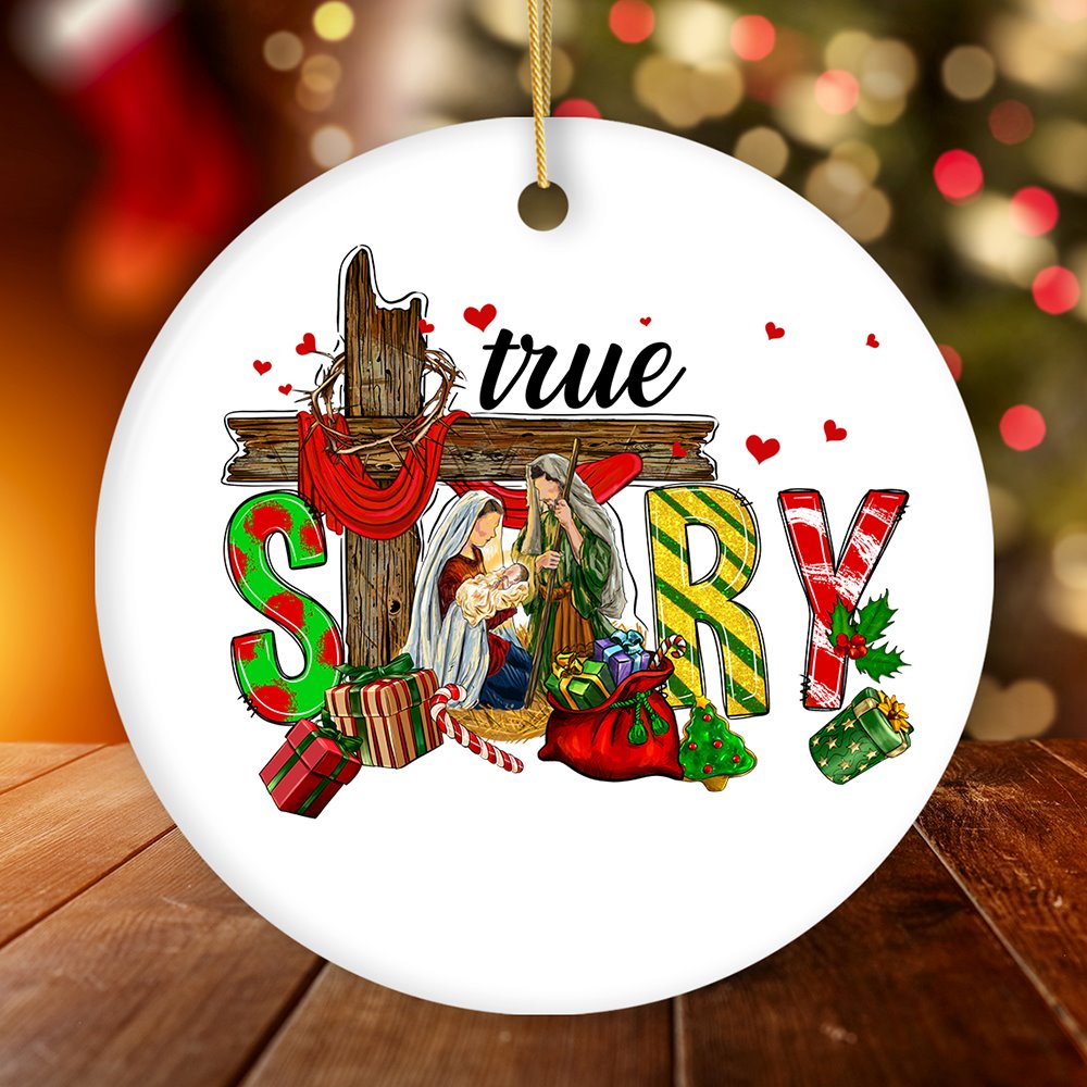 True Story Joseph and Mary Holiday Festive Christmas Ornament, Christian Nativity Gift Ceramic Ornament OrnamentallyYou Circle 