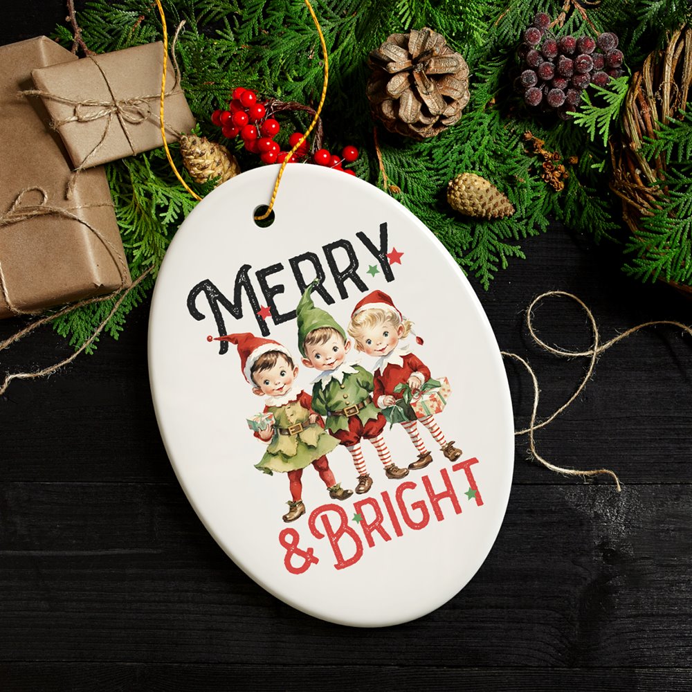 Vintage Elves Merry & Bright Christmas Ornament, Retro Ceramic Tree Decoration Ceramic Ornament OrnamentallyYou 