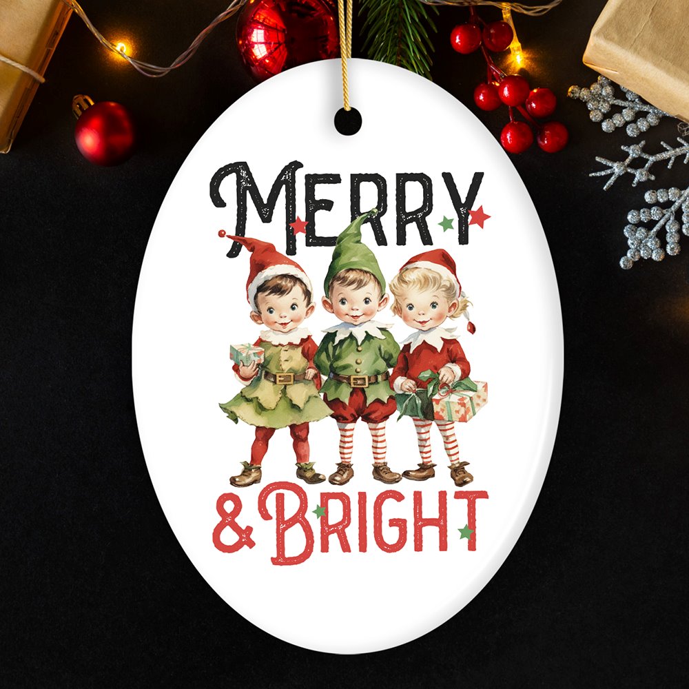 Vintage Elves Merry & Bright Christmas Ornament, Retro Ceramic Tree Decoration Ceramic Ornament OrnamentallyYou Oval 