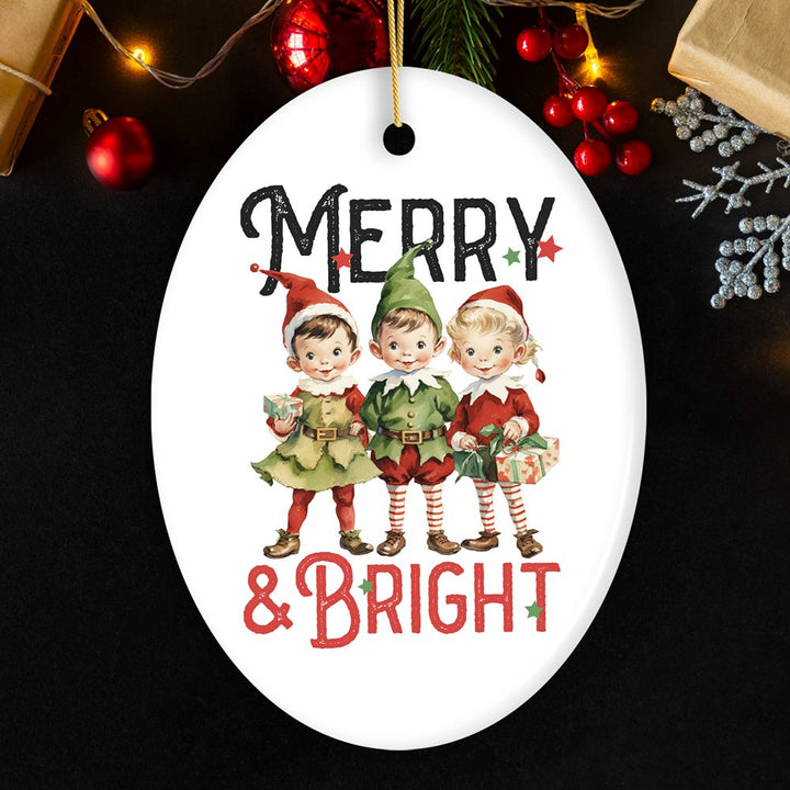 Vintage Elves Merry & Bright Christmas Ornament, Retro Ceramic Tree Decoration Ceramic Ornament OrnamentallyYou Oval 