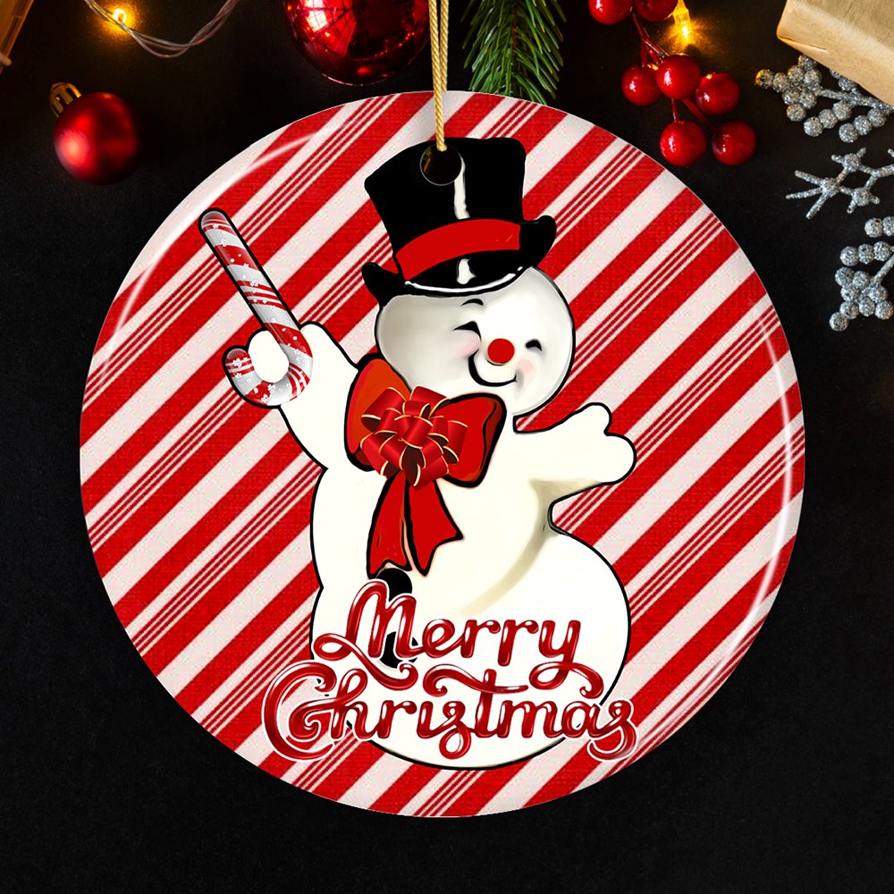 Vintage Snowman and Candy Cane Colors Merry Christmas Ornament Ceramic Ornament OrnamentallyYou Circle 