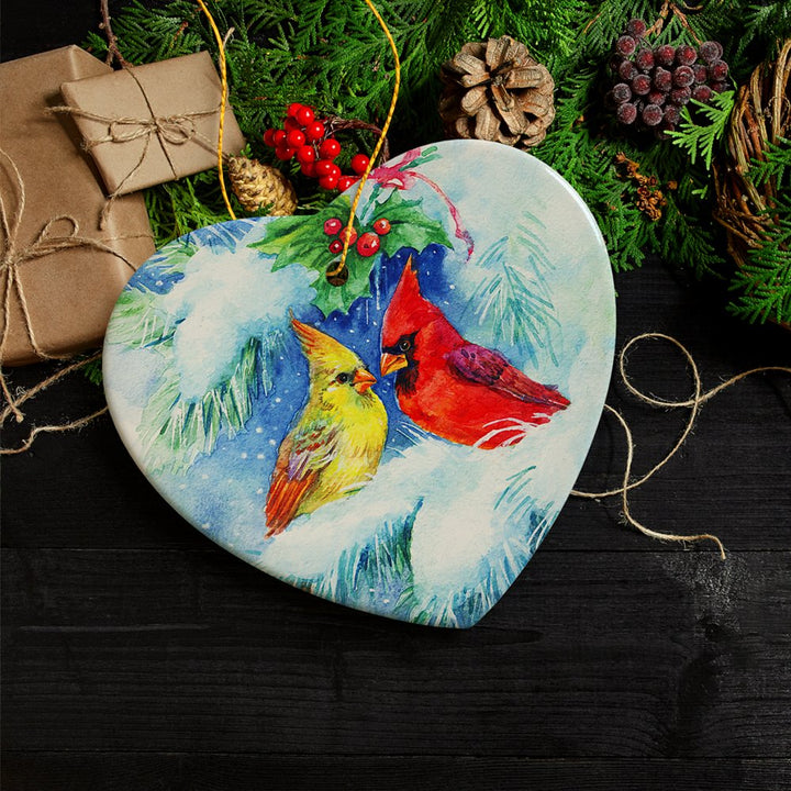 Watercolor Cardinal Mistletoe Romance Christmas Ornament Ceramic Ornament OrnamentallyYou 