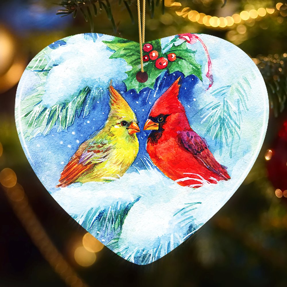 Watercolor Cardinal Mistletoe Romance Christmas Ornament Ceramic Ornament OrnamentallyYou Heart 