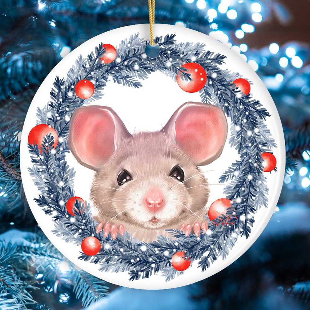 Watercolor Cute Christmas Rat Ornament Ceramic Ornament OrnamentallyYou Circle 