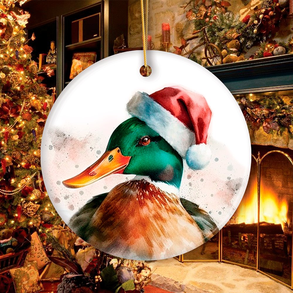 Watercolor Mallard Duck Christmas Ornament Ceramic Ornament OrnamentallyYou Circle 