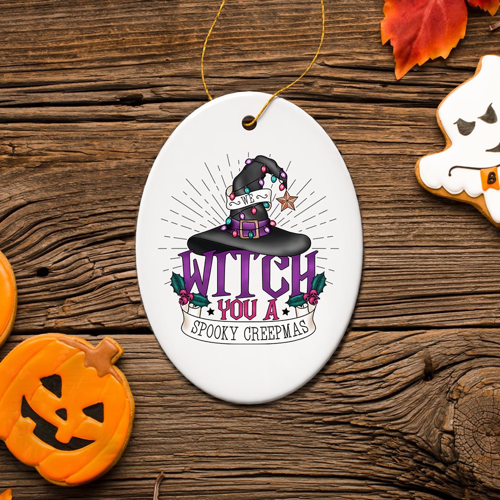 We Witch You a Spooky Creepmas Ornament, Whimsical Halloween Christmas Decoration Ceramic Ornament OrnamentallyYou 