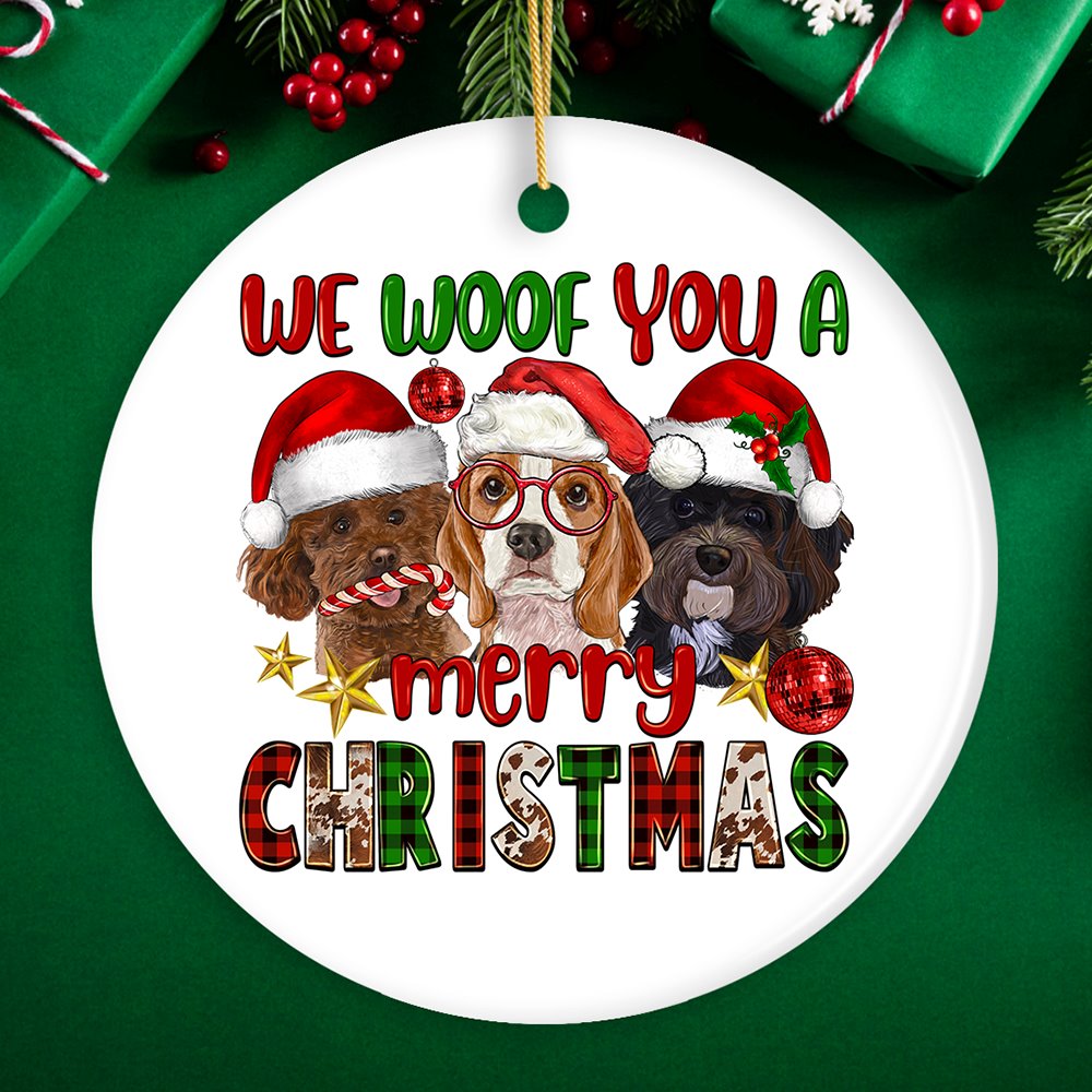 We Woof You a Merry Christmas Cute Dogs Ornament, Pet Theme Holiday Decoration OrnamentallyYou Circle 