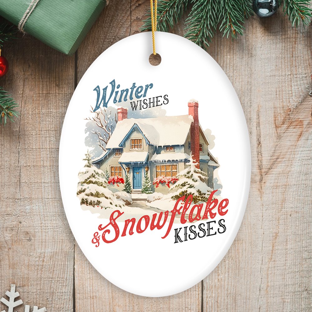 Winter Wishes and Snowflake Kisses Vintage Christmas Ornament Ceramic Ornament OrnamentallyYou Oval 