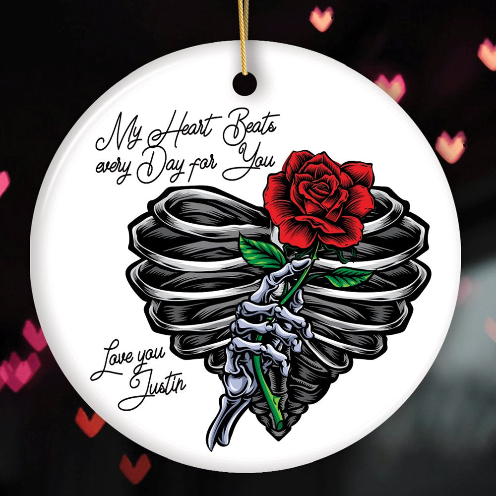 Skeleton Rose Heart Valentine Custom Ornament, My Heart Beats Every Day for You Personalized Name Gift Ceramic Ornament OrnamentallyYou Circle 