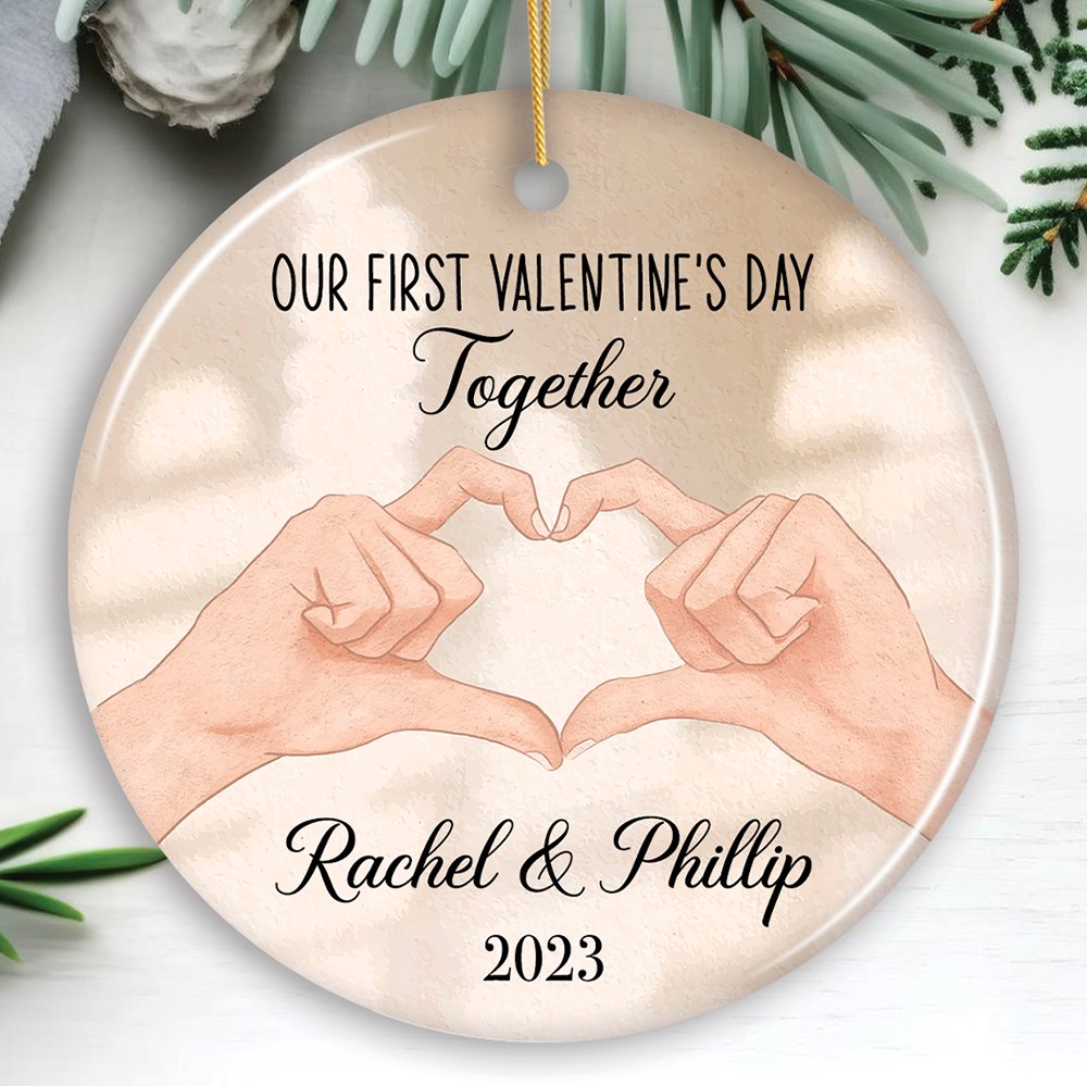 First Valentine's Day Together Personalized Ornament, Lovers Couple Hands, Custom Name Gift Ceramic Ornament OrnamentallyYou Circle 