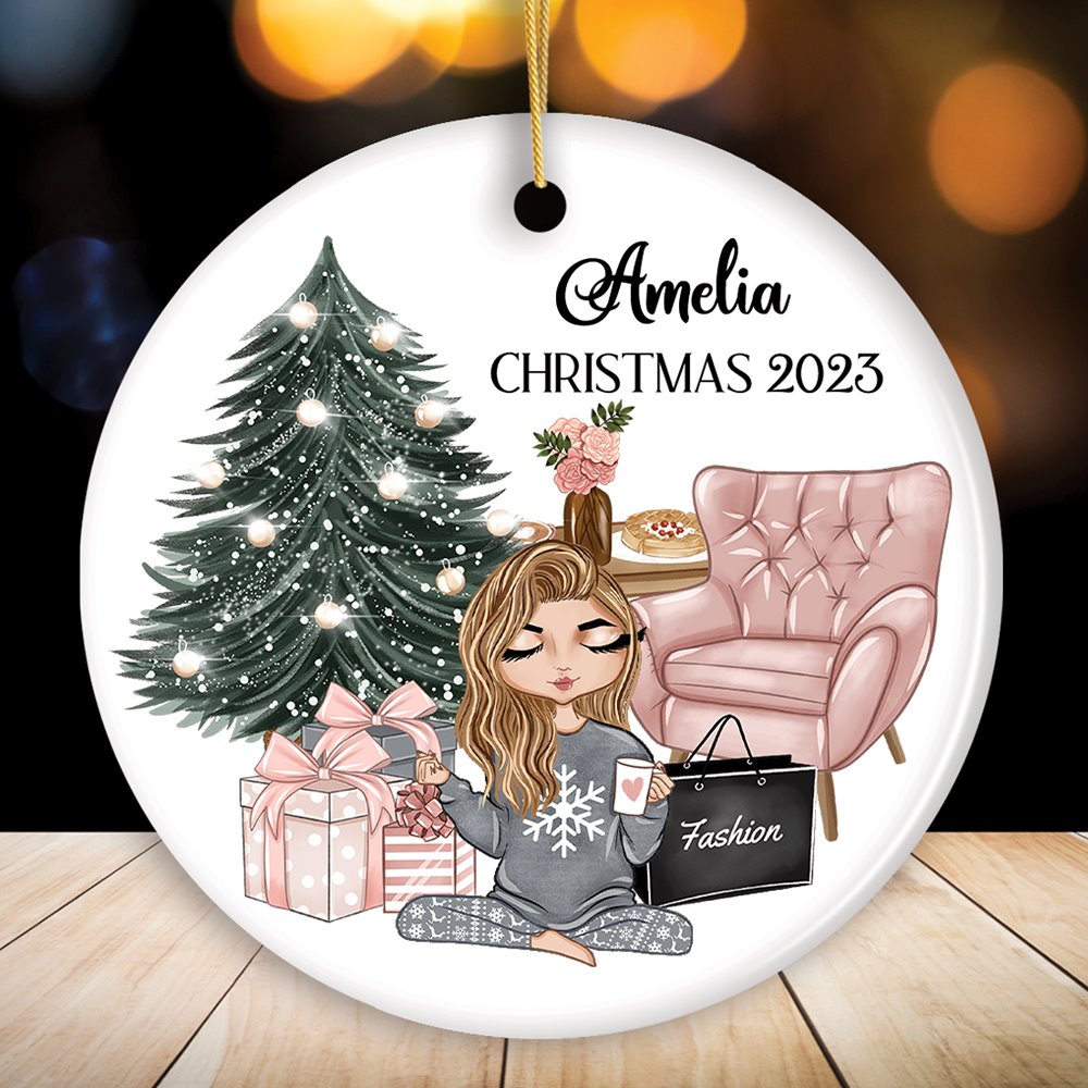 Glamorous Girl Personalized Christmas Ornament, Fashionista Teenager Shopping Addict Holiday Gift Ceramic Ornament OrnamentallyYou Circle 