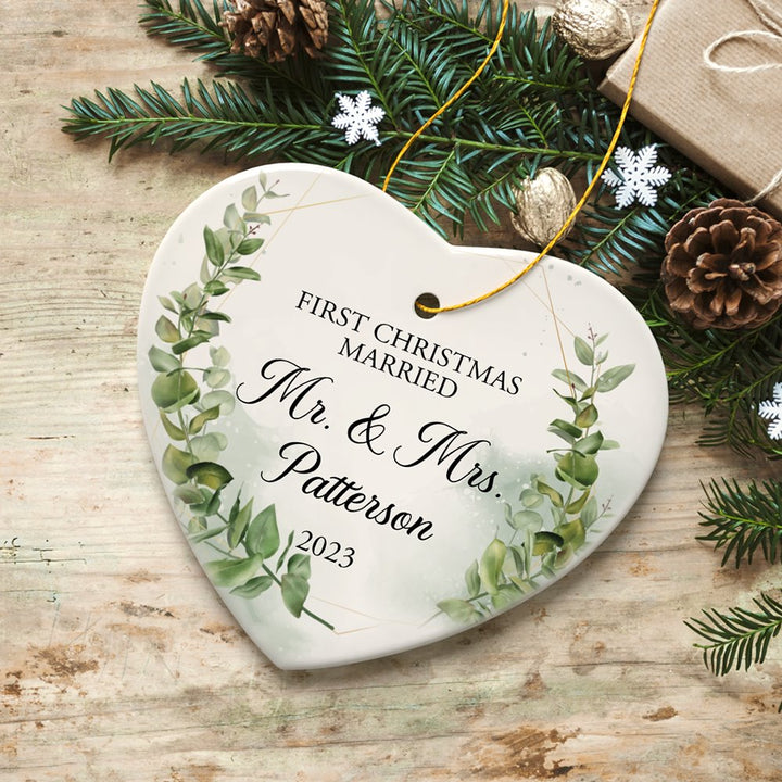Personalized First Christmas Married as Mr and Mrs Ornament, Elegant Gift with Custom Last Name Ceramic Ornament OrnamentallyYou Heart 