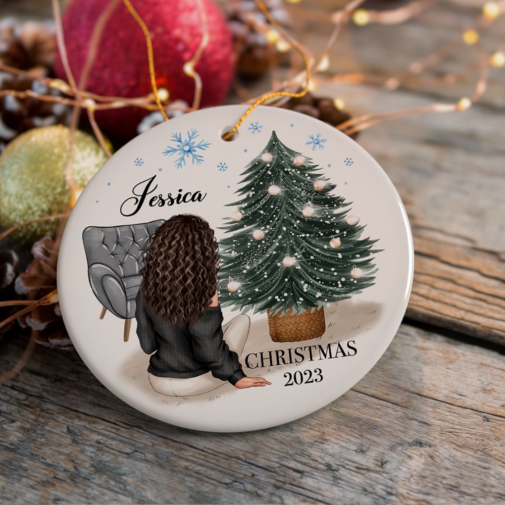 Lovely Women’s Customizable Christmas Ornament Gift, Personalized Hair, Name, and Outfit Ceramic Ornament OrnamentallyYou 