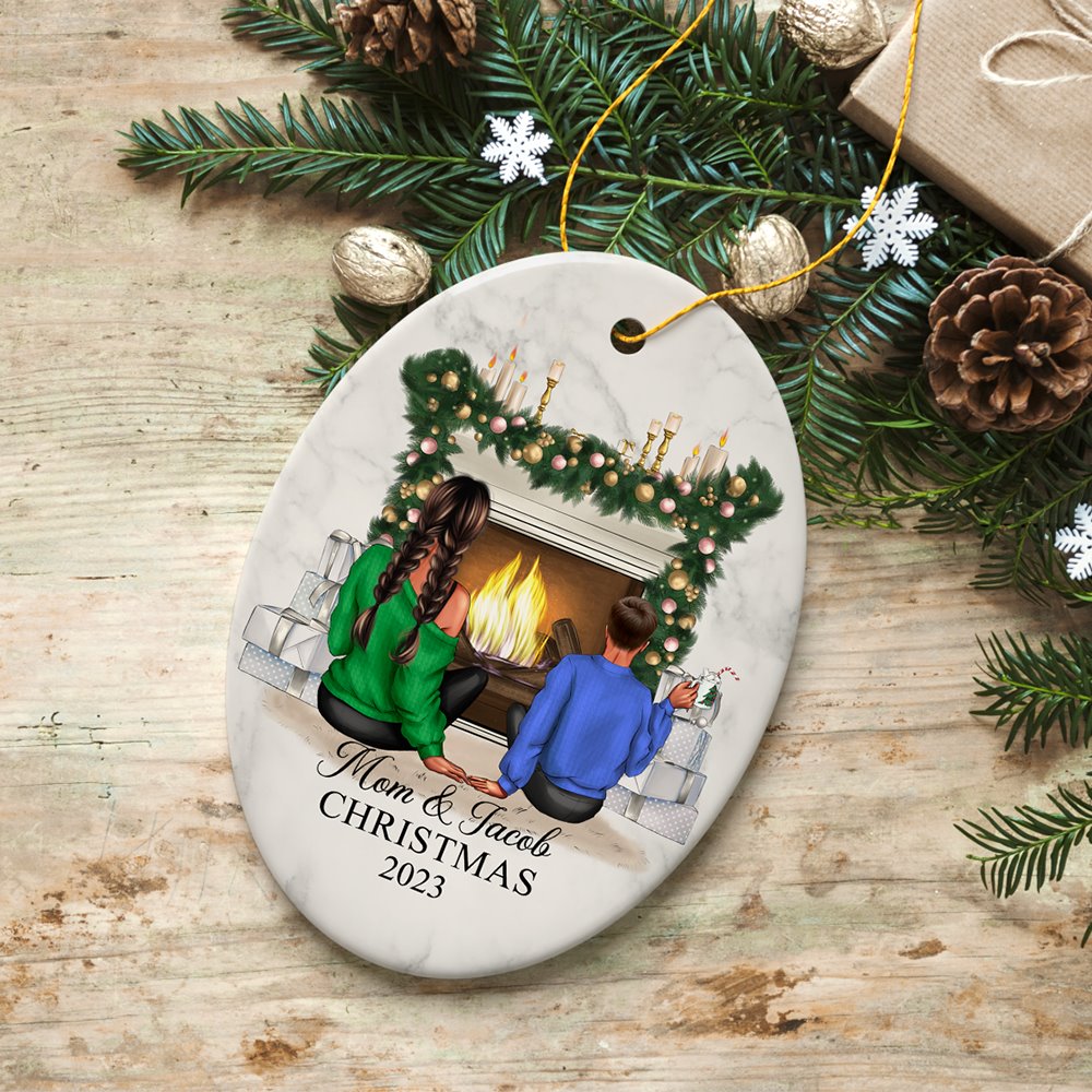 Mother and Daughter or Son Personalized Christmas Ornament, Custom Mom and Bestie Artwork Ceramic Ornament OrnamentallyYou Oval 