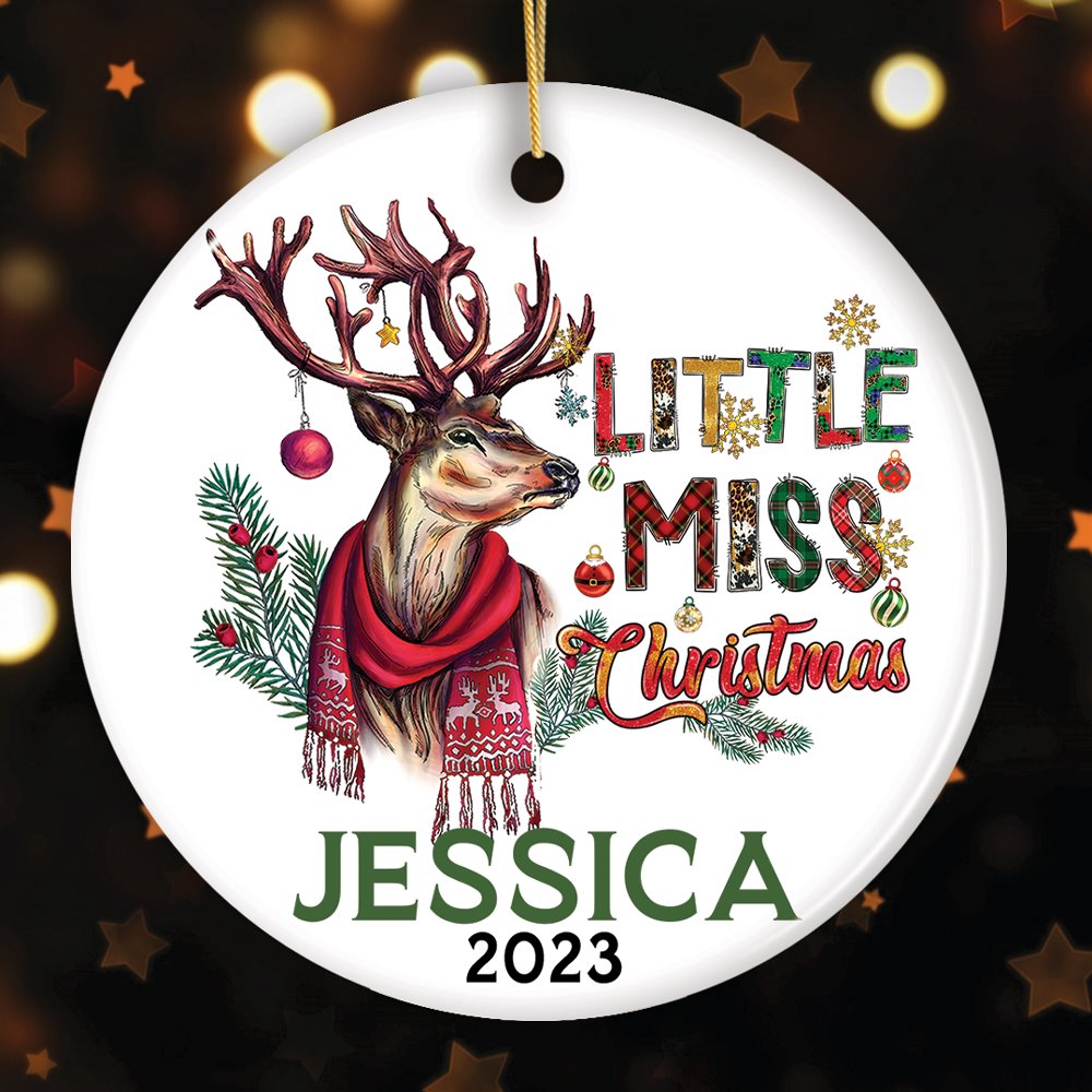 Artistic Little Miss Christmas Personalized Ornament, Deer Keepsake Custom Gift Ceramic Ornament OrnamentallyYou Circle 