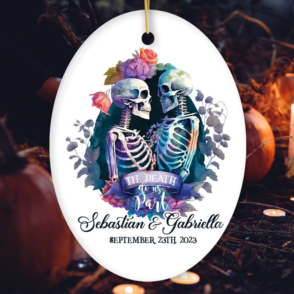 Artistic Watercolor Wedding Personalized Ornament, Til Death Do Us Part Skeleton Love Custom Gift Ceramic Ornament OrnamentallyYou Oval 