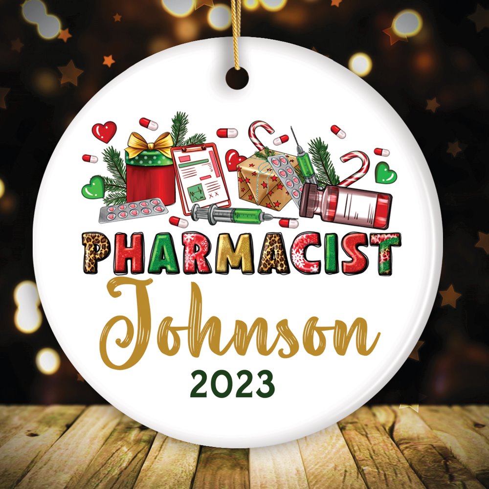 Colorful Pharmacist Appreciation Personalized Christmas Ornament, Custom Pharmacy Gift Ceramic Ornament OrnamentallyYou Circle 