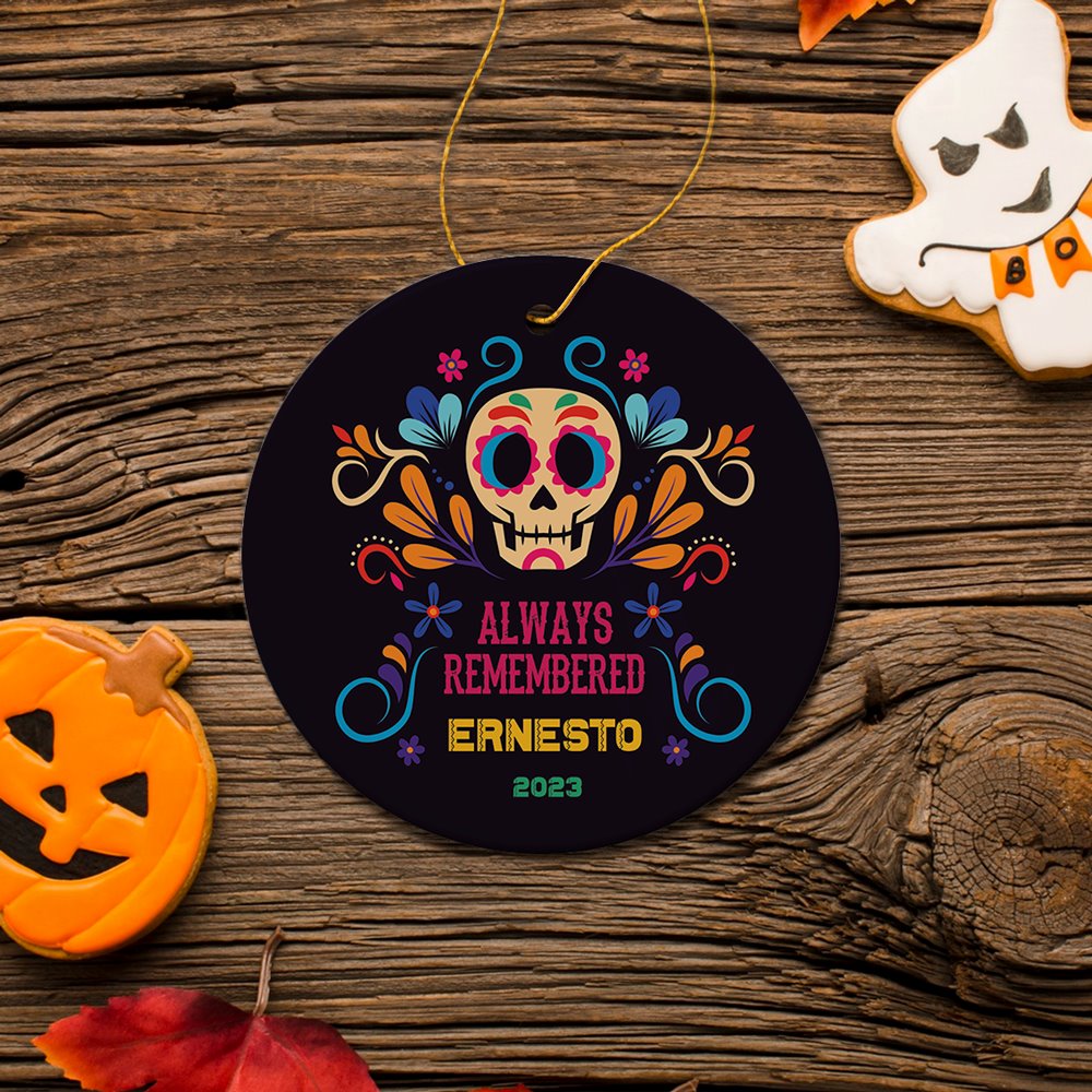 Colorful & Thoughtful Day of the Death Personalized Ornament, Mexican Skull Memorial Keepsake Gif Ceramic Ornament OrnamentallyYou Circle 