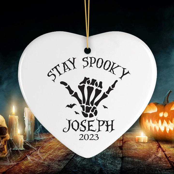Cool Skeleton Stay Spooky Personalized Ornament, Surfer Halloween Themed Custom Gift Ceramic Ornament OrnamentallyYou Heart 