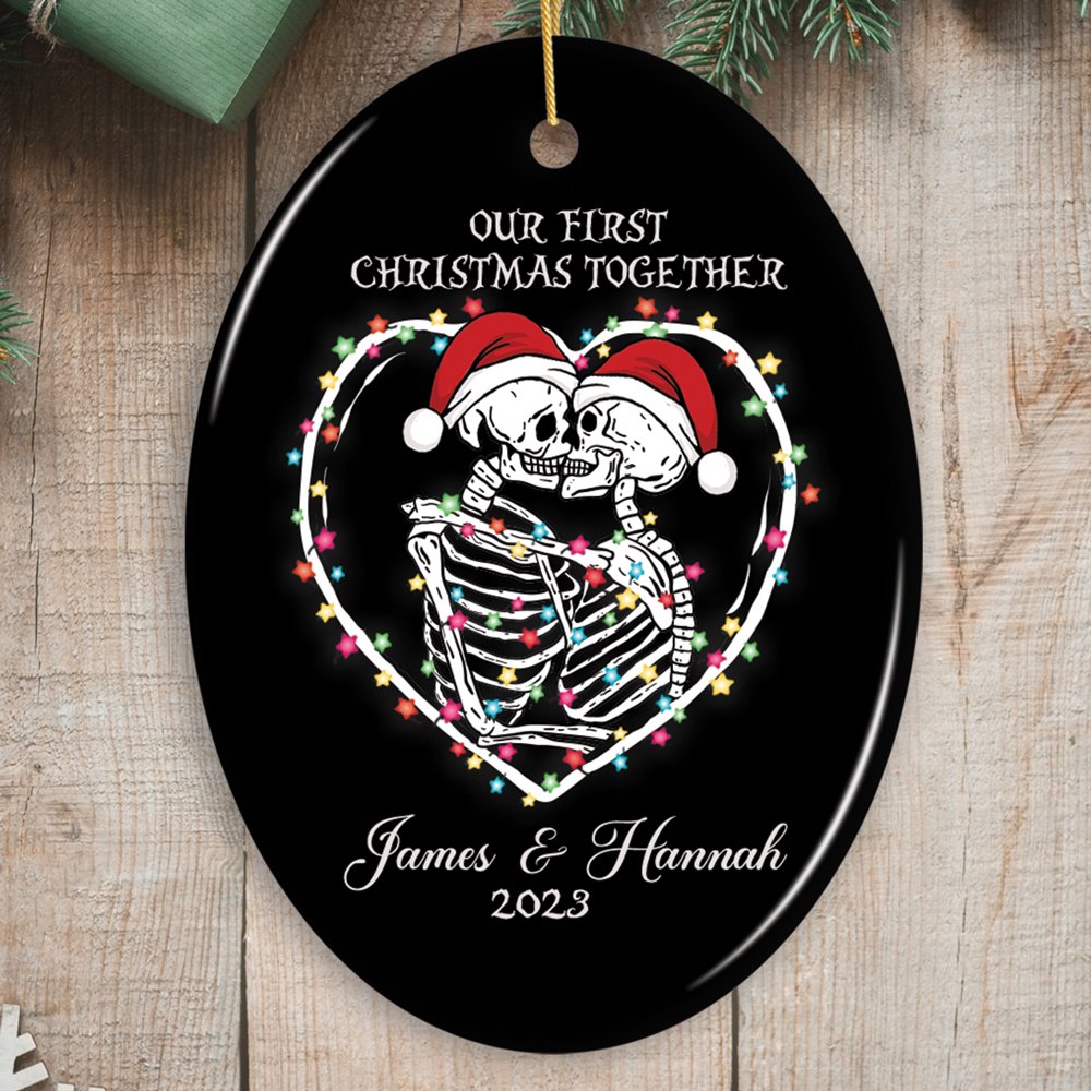 Festive & Fun Skeleton First Christmas Personalized Ornament, Holiday Wedding Keepsake Gift Ceramic Ornament OrnamentallyYou Oval 