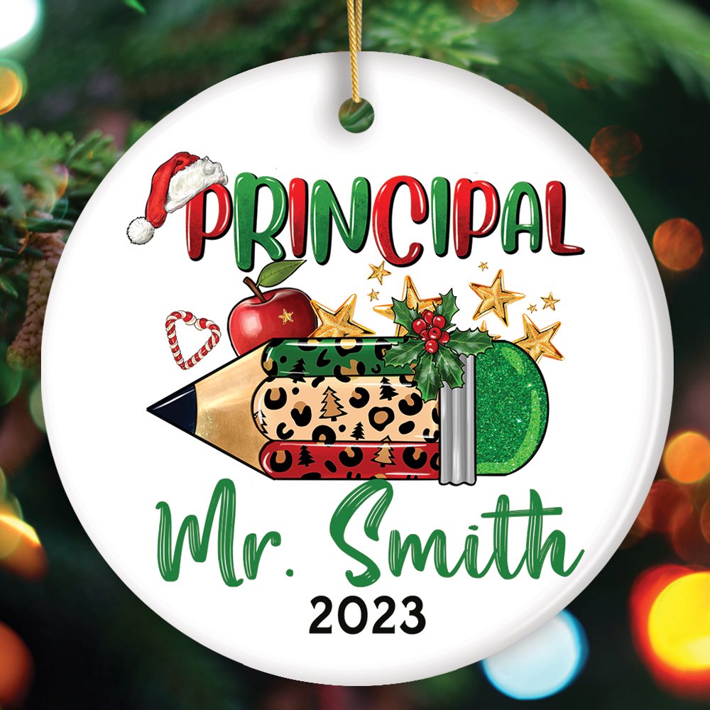 Holiday Pencil Art Personalized School Principal Christmas Ornament Ceramic Ornament OrnamentallyYou Circle 