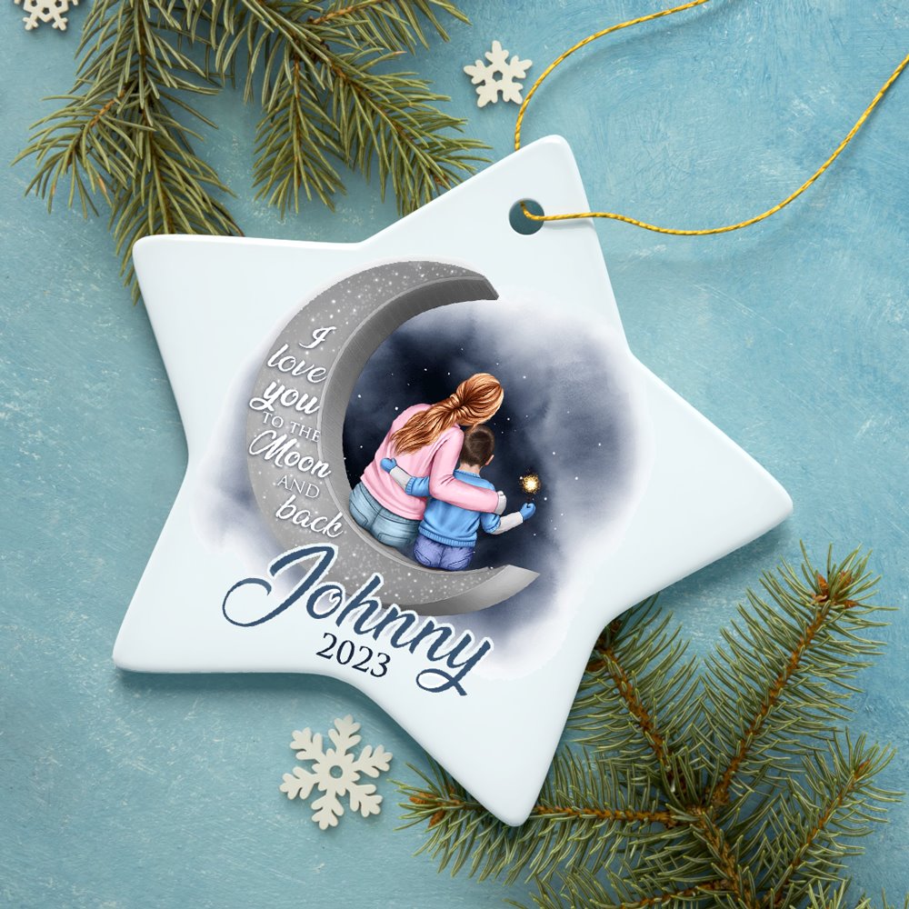 Love You To The Moon And Back Personalized Mom and Child Ornament, Thoughful Christmas Gift for Kids Ceramic Ornament OrnamentallyYou Star 