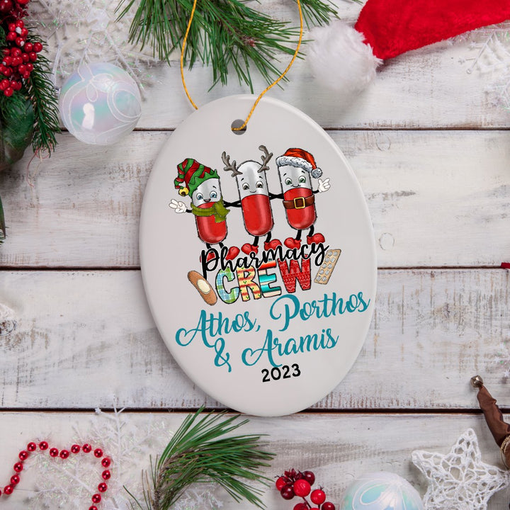 Playful Personalized Pharmacist Crew Christmas Ornament, Customized Gift for Pharmacy with Pills Ceramic Ornament OrnamentallyYou Oval 